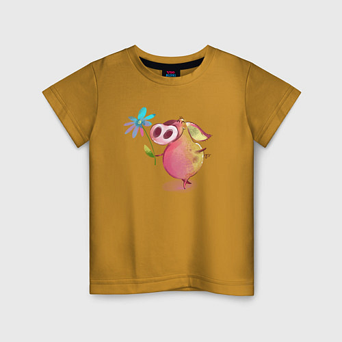Детская футболка Милый поросенок с цветами / Горчичный – фото 1