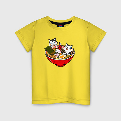 Детская футболка Хаски кушают лапшу / Желтый – фото 1