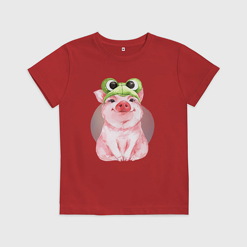 Детская футболка Милый поросенок в шапке-лягушке / Красный – фото 1