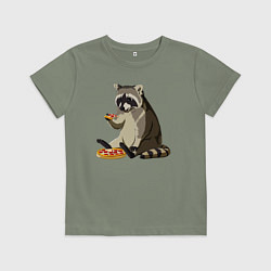 Футболка хлопковая детская Енот кушает пиццу, цвет: авокадо