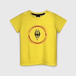 Футболка хлопковая детская Символ Skyrim и красная краска вокруг, цвет: желтый