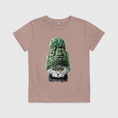 Детская футболка Прикольный котяра в зимней лыжной шапке Cutie / Пыльно-розовый – фото 1