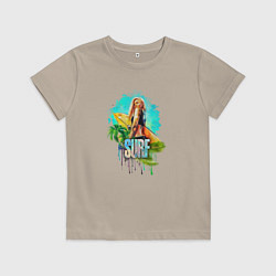 Футболка хлопковая детская Surf - девушка с доской для серфинга, цвет: миндальный