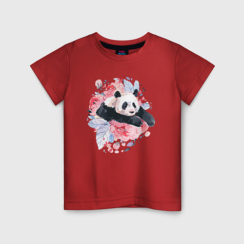 Детская футболка Панда среди летних цветов / Красный – фото 1