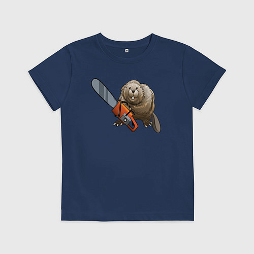Детская футболка Бобер с бензопилой / Тёмно-синий – фото 1