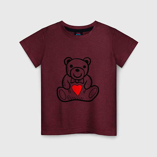 Детская футболка Плюшевый Миша с сердечком / Меланж-бордовый – фото 1