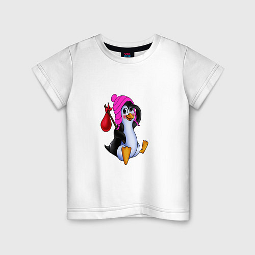 Детская футболка Пингвин в розовой шапочке / Белый – фото 1