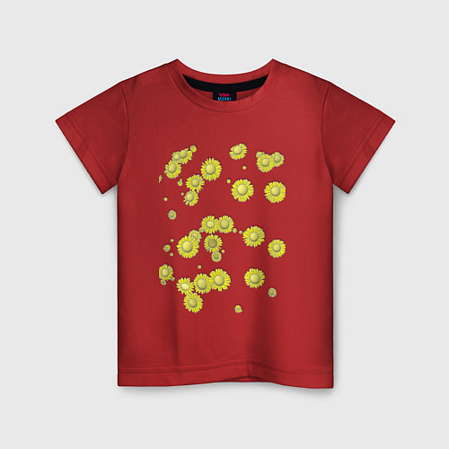 Детская футболка Желтые цветы Ромашки Подсолнухи Подарок садоводу / Красный – фото 1