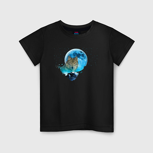 Детская футболка Волк на фоне голубой луны / Черный – фото 1