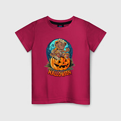 Футболка хлопковая детская Halloween - Мишка на тыкве, цвет: маджента