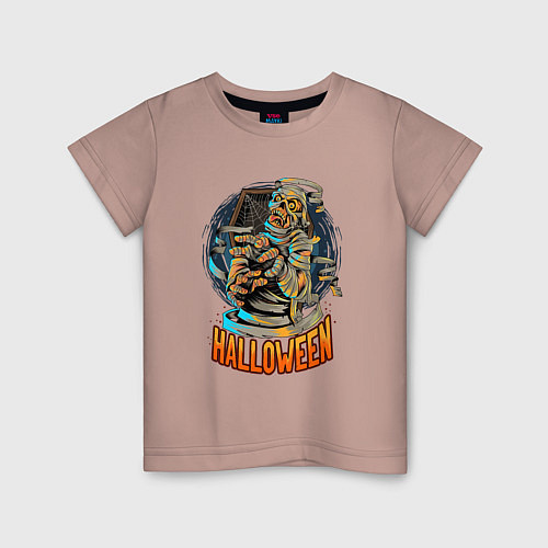 Детская футболка Хэллоуин - мумия на фоне гроба / Пыльно-розовый – фото 1