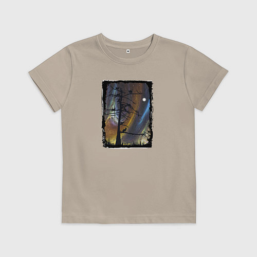 Детская футболка Кошки на дереве и северное сияние / Миндальный – фото 1