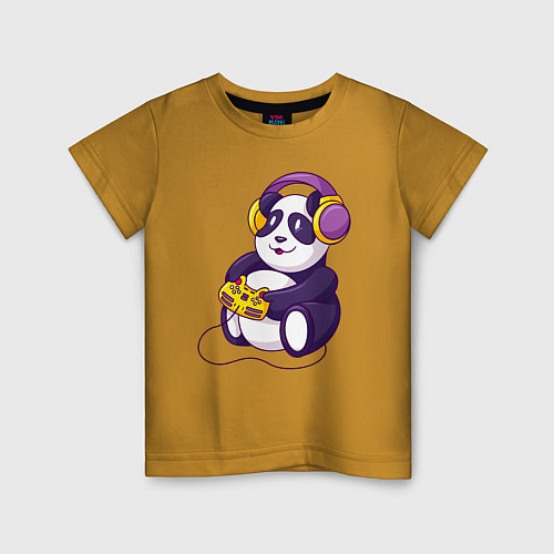 Детская футболка Панда в наушниках с геймпадом / Горчичный – фото 1