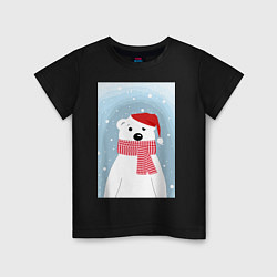 Футболка хлопковая детская Мультяшный белый медведь в красной шапке с шарфом, цвет: черный
