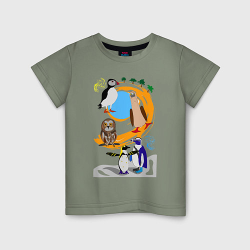 Детская футболка Олуша, сова и пингвины на радужном фоне с деревьям / Авокадо – фото 1