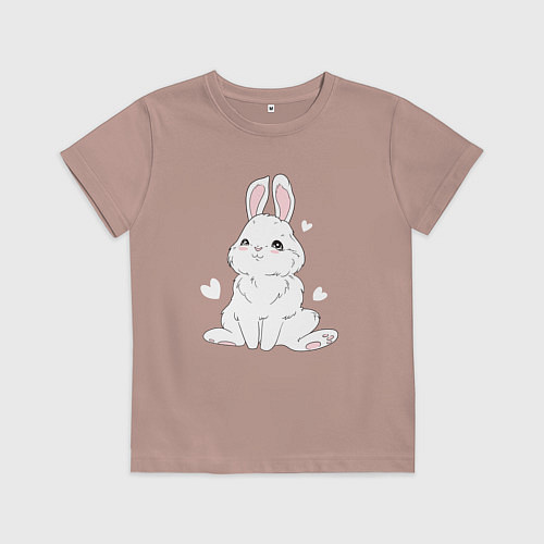 Детская футболка Милый белый зайчик с сердечками / Пыльно-розовый – фото 1