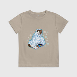Футболка хлопковая детская Зимний кот в одеялке с книгой, цвет: миндальный