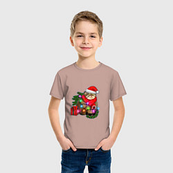 Футболка хлопковая детская Новогодний манул с подарком, цвет: пыльно-розовый — фото 2