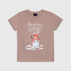 Футболка хлопковая детская Новогодний снеговик, цвет: пыльно-розовый