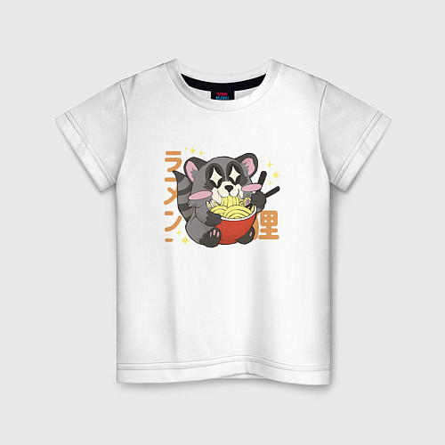 Детская футболка Каваи енот ест рамен / Белый – фото 1