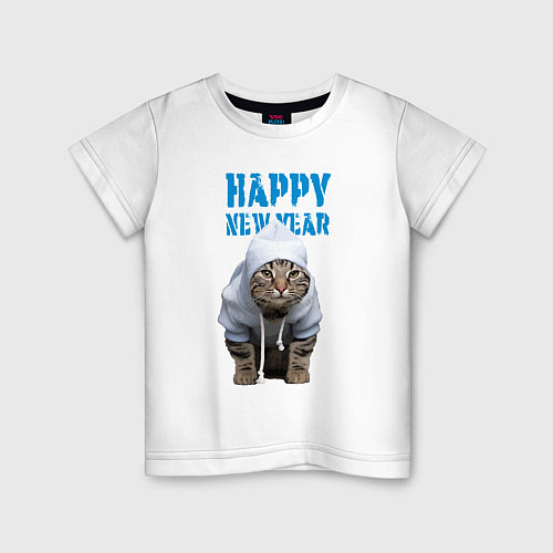 Детская футболка Happy New Year - Прикольный котик / Белый – фото 1