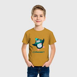 Футболка хлопковая детская Обнимашки, веселый пингвин, цвет: горчичный — фото 2