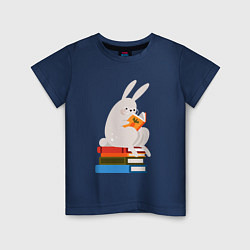 Футболка хлопковая детская Читающий кролик на книгах, цвет: тёмно-синий