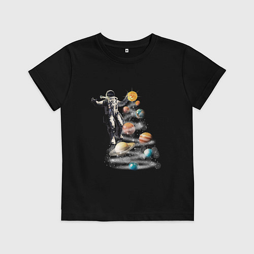 Детская футболка Космический дед мороз и ёлка из планет / Черный – фото 1