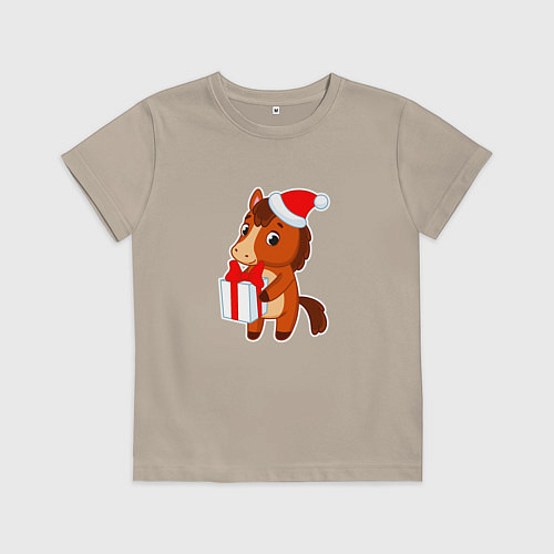Детская футболка Мультяшная лошадка в шапке Санты / Миндальный – фото 1