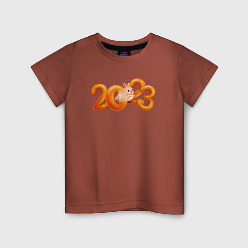 Детская футболка 2023 - надпись с кроликом / Кирпичный – фото 1
