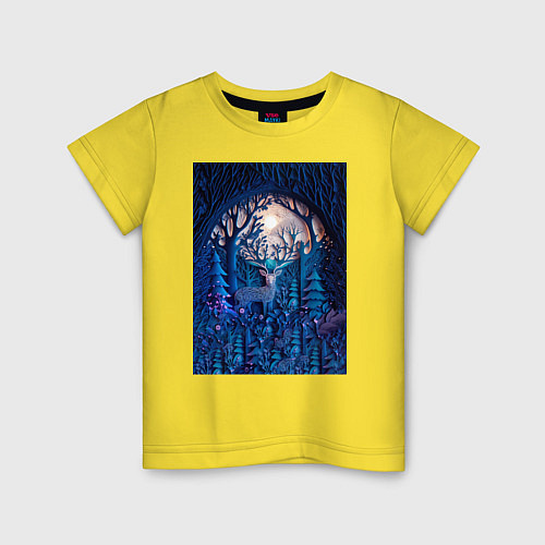 Детская футболка Объемная иллюстрация из бумаги лес и олень на сине / Желтый – фото 1
