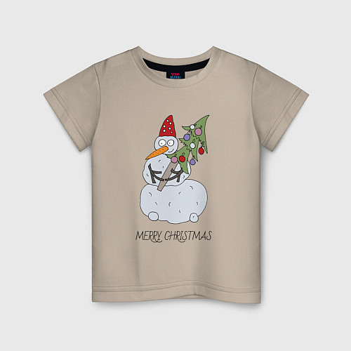 Детская футболка Снеговик с новогодней ёлкой в Руках / Миндальный – фото 1