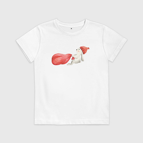 Детская футболка Маленький зайчик тащит мешок с подарками / Белый – фото 1