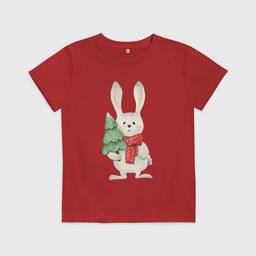 Детская футболка Зайчик с елкой / Красный – фото 1
