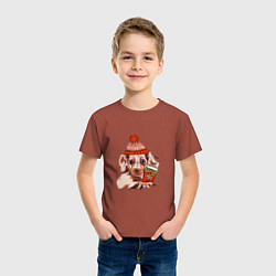 Футболка хлопковая детская Щенок в зимней шапке и с кофе, цвет: кирпичный — фото 2