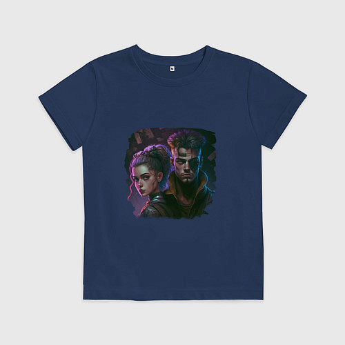 Детская футболка Девушка и парень в стиле киберпанк / Тёмно-синий – фото 1