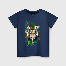 Футболка хлопковая детская Голова Тигра среди листьев и цветов, Тигр символ 2, цвет: тёмно-синий