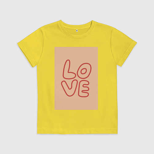 Детская футболка Рукописный текст слово Love красным цветом на беже / Желтый – фото 1