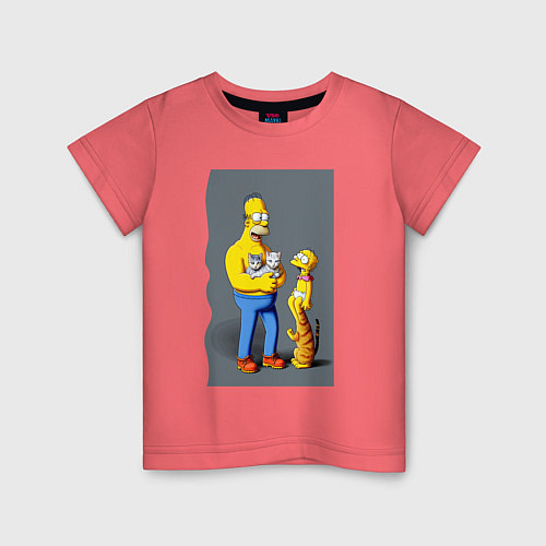 Детская футболка Homer Simpson and cats - нейросеть арт / Коралловый – фото 1