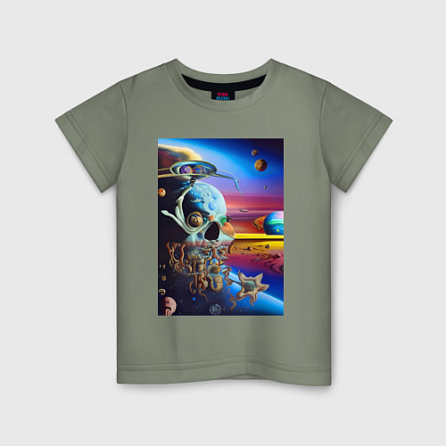 Детская футболка Иллюзия черепа - неоновый закат - нейросеть -сюрре / Авокадо – фото 1