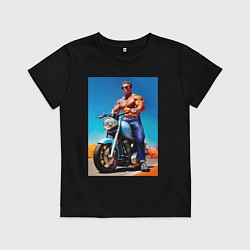 Футболка хлопковая детская Arnold Schwarzenegger on a motorcycle -neural netw, цвет: черный