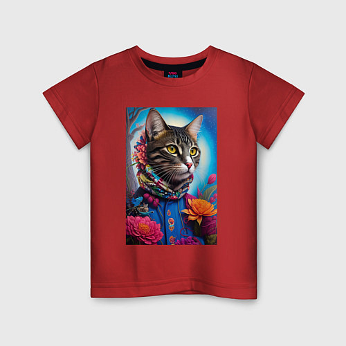 Детская футболка Кот модник - нейросеть / Красный – фото 1
