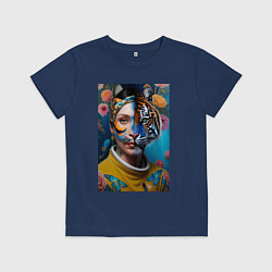 Футболка хлопковая детская Девушка тигрица - коллаборация - нейросеть, цвет: тёмно-синий