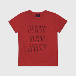 Футболка хлопковая детская Party sleep repeat надпись с тенью, цвет: красный