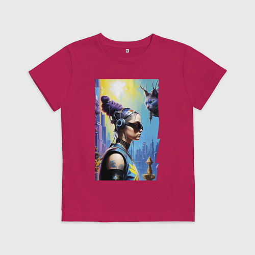 Детская футболка Cyberpunk - neural network - fantasy with cat / Маджента – фото 1