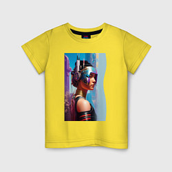 Футболка хлопковая детская Girl in helmet - cyberpunk - neural network, цвет: желтый