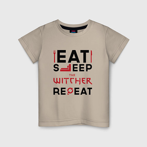 Детская футболка Надпись: eat sleep The Witcher repeat / Миндальный – фото 1