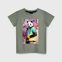 Футболка хлопковая детская Панда в модной куртке - акварель, цвет: авокадо