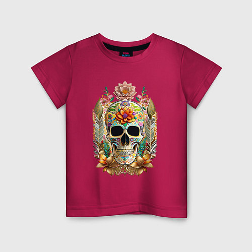 Детская футболка Череп расписной с цветами / Маджента – фото 1