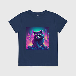 Футболка хлопковая детская Енот на фоне неонового города, цвет: тёмно-синий